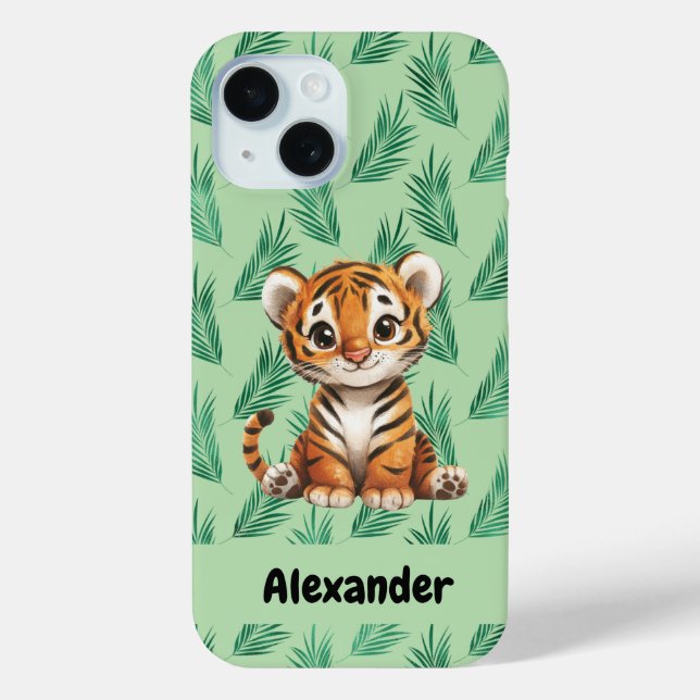 Coques Case-Mate iPhone Tigre de dessin mignon sur Feuilles tropicaux (Verso)