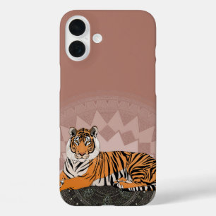 Coques iPhone 16 Plus tigre du bengal mandala cuivre rose