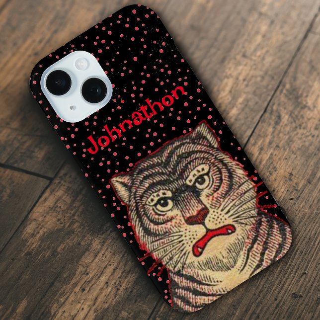 Coques Case-Mate iPhone Tigre : Face féroce Chiffres rouges noirs (Head of black striped Asian tiger ferocious face on personalized phone case with red dots.)