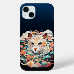Coque iPhone 15 Mini Tigre mou avec fleurs Papier coupé
