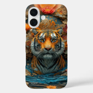 Coque Pour iPhone 16 Tigre sous couverture de fleurs