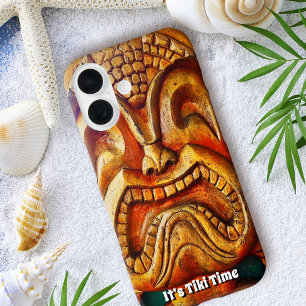 Coques iPhone 16 Tiki Time Hawaii Wood Face Fun Retro Photo