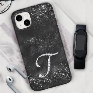 Coque Pour iPhone 15 Timbre stylé Crystal rhinestone lettre T noir