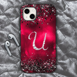 Coque Pour iPhone 15 Timbre stylisé Crystal rhinestone lettre U rouge n