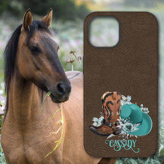 Coque Pour iPhone 14 Tissu en cuir cowgirl brun turquoise