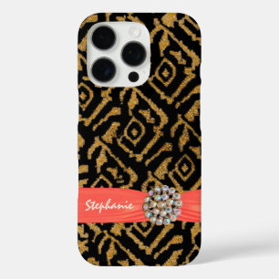 Coques iPhone 16 Pro Tissu tissé en or avec ruban et strass