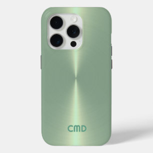 Coque iPhone 15 Pro Tissu vert pâle métallique en acier inoxydable