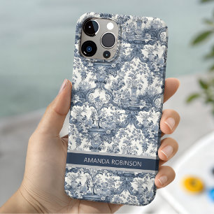 Coque Pour iPhone 14 Toile De Jouy Florale Monogramme Bleu Vintage