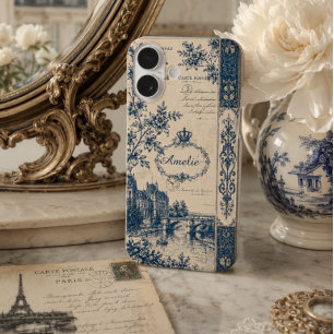 Coque Pour iPhone 16 Toile de Jouy Monogramme Français