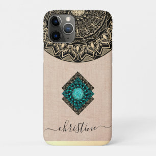 Case-Mate iPhone Case Toile de jute beige noir or mandala écriture nom r