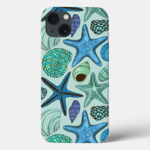 iPhone 13 Coque Tons De Coquillages Bleus Et Motif D'Étoile