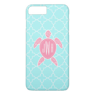 Coque iPhone 8 Plus/7 Plus Tortue de mer rose décorée d'un monogramme +