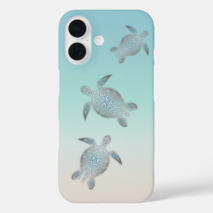 Coque Pour iPhone 16 Tortues Argentées Style Plage Turquoise Côtière