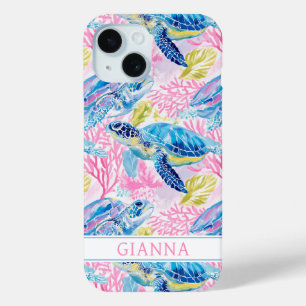 Coque Pour iPhone 15 Tortues de mer à l'aquarelle monogrammées