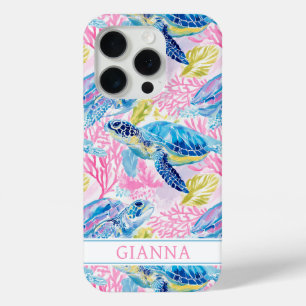 Coque iPhone 15 Pro Tortues de mer à l'aquarelle monogrammées