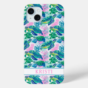 Coque iPhone 15 Mini Tortues de mer colorées monogrammées