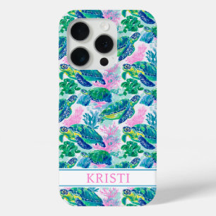 Coque iPhone 15 Pro Tortues de mer colorées monogrammées