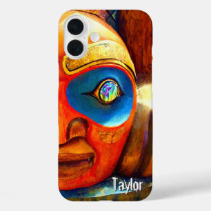 Coques iPhone 16 Plus Totem en bois sculpté Visage Photo Monogramme Nom 