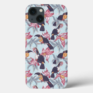 iPhone 13 Case Toucans avec les fleurs exotiques