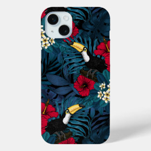 Coque iPhone 15 Mini Toucans et flore tropicale, verte et rouge