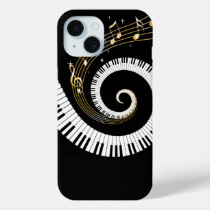 Coque Pour iPhone 15 Touches de piano et notes de musique d'or