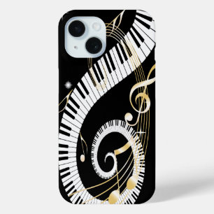Coque Pour iPhone 15 Touches de piano et notes de musique d'or