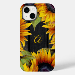 Coque Pour iPhone 14 Tournesol floral rustique jaune grange bois monogr