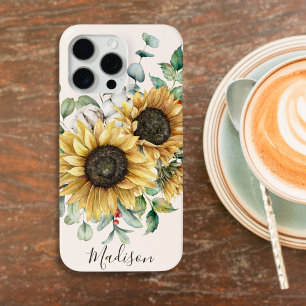 Coque iPhone 15 Pro Max Tournesol rustique vintage aquarelle monogrammé