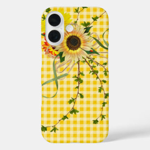 Coque Pour iPhone 16 Tournesols Sur En vichy Jaune