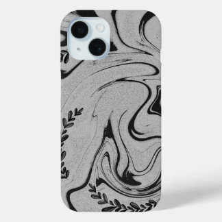 Coque Pour iPhone 15 Tournure de feuille de marbre noir et blanc élégan
