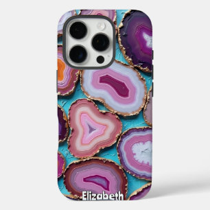 Coques iPhone 16 Pro Tranches d'agate violet et rose avec or