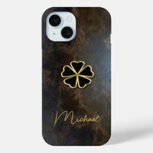Coque Pour iPhone 15 Trèfle doré élégant, aspect cuir