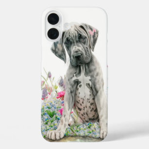 COQUES iPhone 16 PLUS TRÈS GRAND DANE PUPPER CHIEN EN FLEUR SAUVAGE