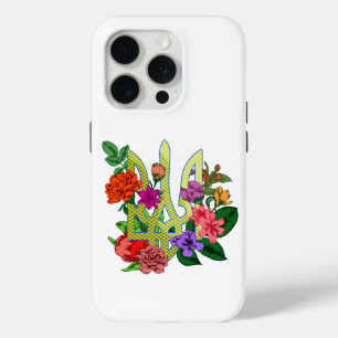 Coque iPhone 15 Pro trident tryzub de l'héraldique ukrainienne fleurs 