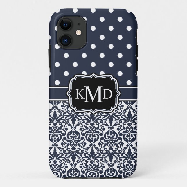 Coques Case-Mate iPhone Trio Monogramme Navy Damask (Dos)