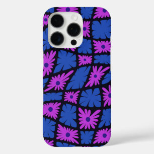 Coques iPhone 16 Pro Trippy super 60s Flower Checks bleu rose