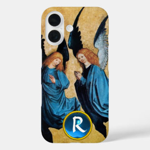 COQUE POUR iPhone 16 TROIS ANGELS DE NOËL EN GÉME BLEU MONOGRAMME