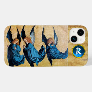 COQUE POUR iPhone 14 PLUS TROIS ANGELS DE NOËL EN MONOGRAM DE PARCHEMENT BLE