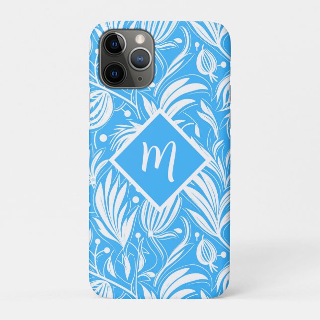 Coques Case-Mate iPhone Tropical Blue Floral Pattern Diamond Monogramme (Dos)