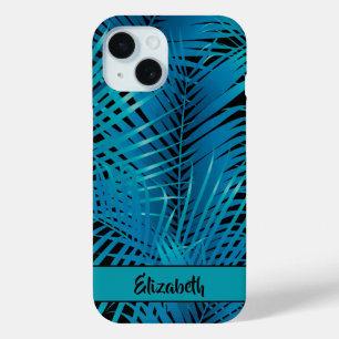Coque Pour iPhone 15 Tropical Blue Palm Fronds sur Black Personnalisé