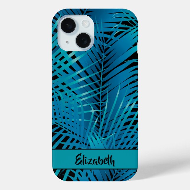 Coques Case-Mate iPhone Tropical Blue Palm Fronds sur Black Personnalisé (Verso)
