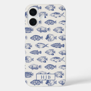 Coque Pour iPhone 16 Tropical Fish Blue Sketch Monogramme iPhone 16 Coq