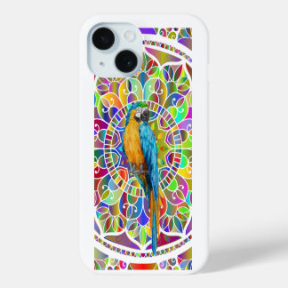Coque Pour iPhone 15 Tropical Mosaic – Blue & Gold Macaw Mandala