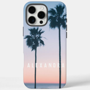 Coques iPhone 16 Pro Max Tropical Pink Blue Palm Tree Coucher de soleil per