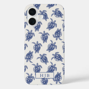 Coque Pour iPhone 16 Tropical Sea Turtle Blue Sketch Monogramme iPhone 