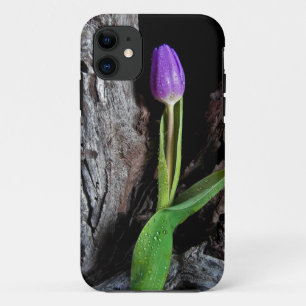 Coque iPhone 11 tulipe violette sur bois flotté