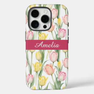 Coques iPhone 16 Pro Tulipes jaunes et roses pastel