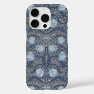 Coques iPhone 16 Pro Tulipes Rétro Nouveau en bleu et étain