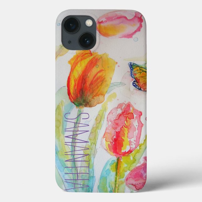 Coques Case-Mate iPhone Tulipes roses Tulipes Florales Aquarelle Femme Nom (Verso)