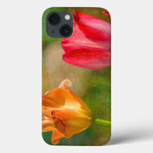 Etui iPhone 13 Tulipes rouges et jaunes sur fond texturé